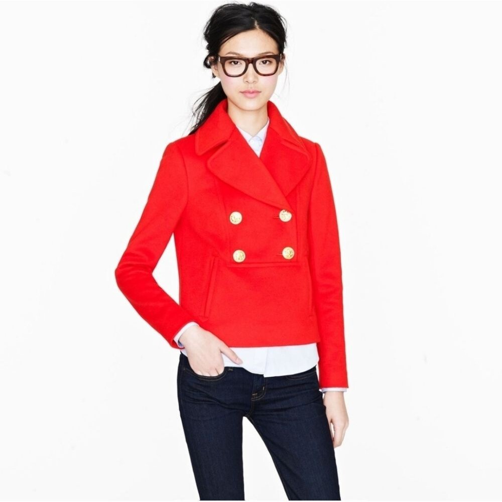 J. Crew Nello Gori waterbury solid red gold button accents wool peacoat popover